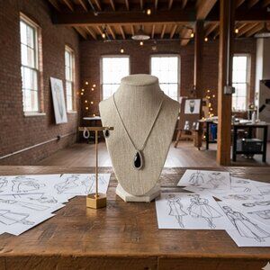 Premier Designs Necklace & Earring Set w/black teardrop gem with faux diamonds